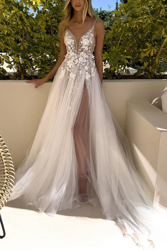 A-Line V-Neck Floor-Length Wedding Dress - Yihuiw by Yihuiw