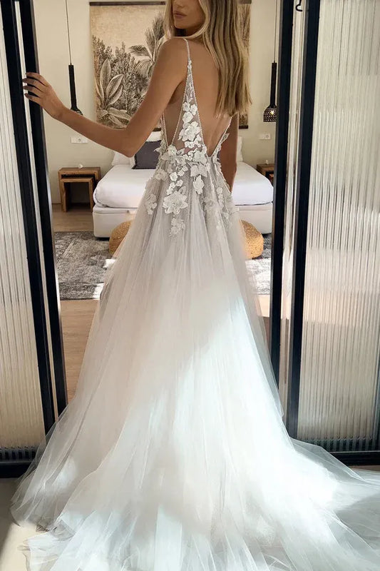 A-Line V-Neck Floor-Length Wedding Dress - Yihuiw by Yihuiw