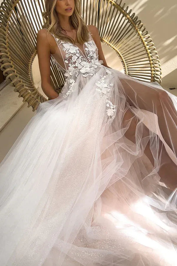 A-Line V-Neck Floor-Length Wedding Dress - Yihuiw by Yihuiw