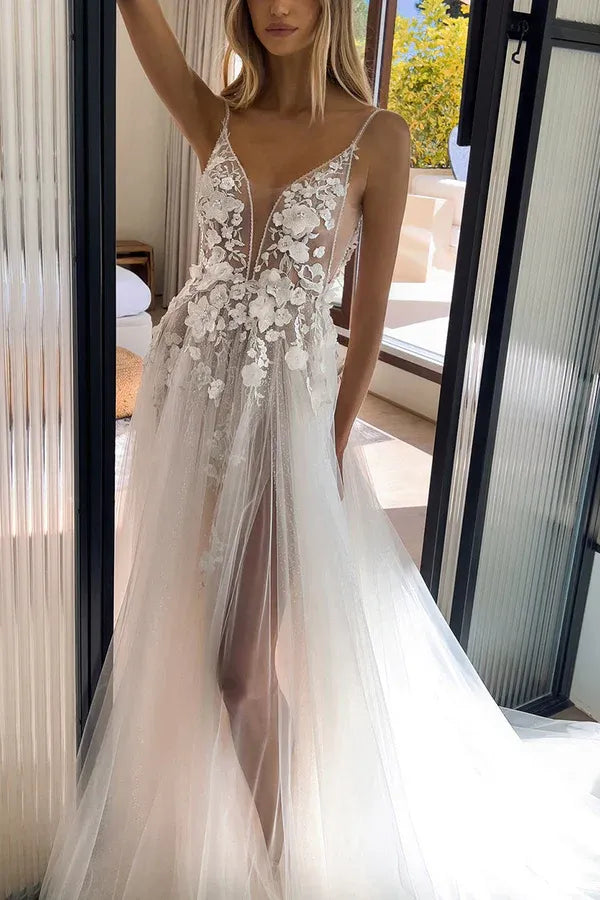 A-Line V-Neck Floor-Length Wedding Dress - Yihuiw by Yihuiw