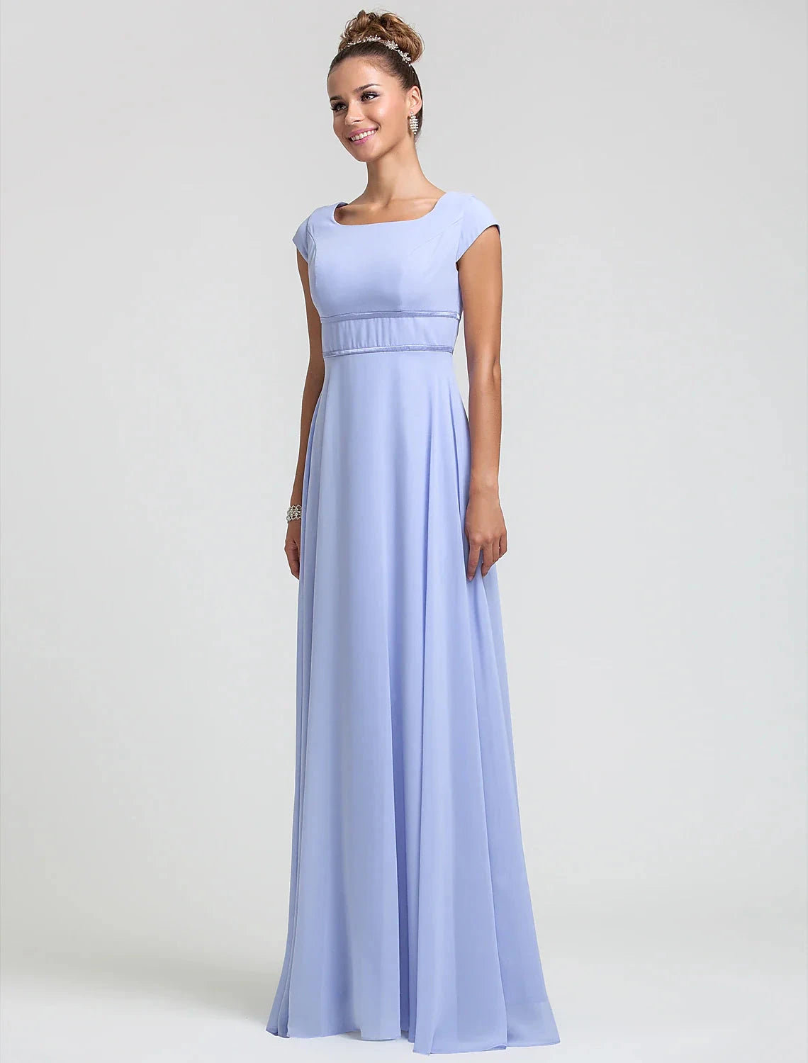 Sheath / Column Bridesmaid Dress Square Neck Short Sleeve Elegant Floor Length Chiffon with Sash / Ribbon / Pleats by YiHuiw