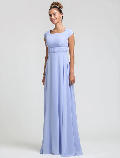 Sheath / Column Bridesmaid Dress Square Neck Short Sleeve Elegant Floor Length Chiffon with Sash / Ribbon / Pleats by YiHuiw
