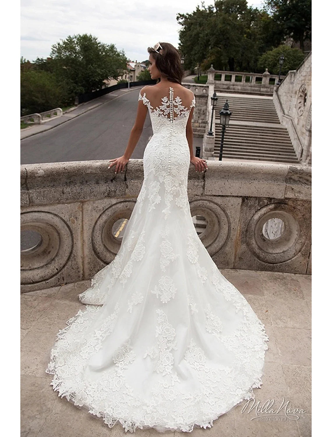Engagement Open Back Formal Wedding Dresses Mermaid / Trumpet Off Shoulder Cap Sleeve Court Train Lace Bridal Gowns With Appliques  Summer Wedding Party Women's Clothing