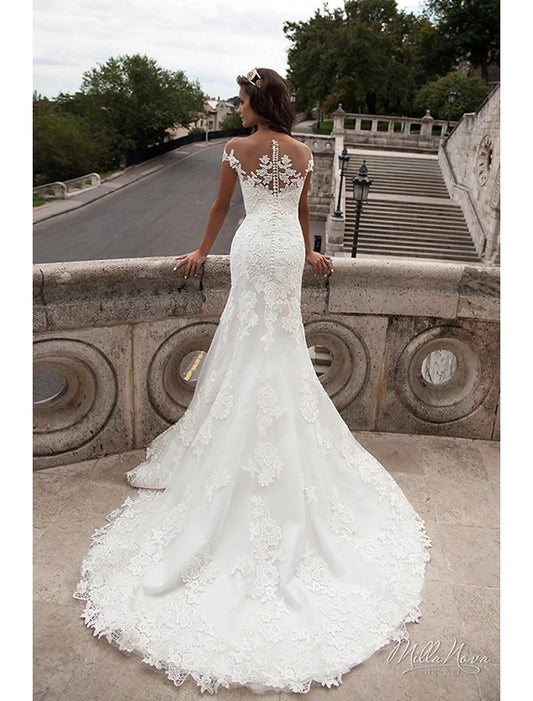 Engagement Open Back Formal Wedding Dresses Mermaid / Trumpet Off Shoulder Cap Sleeve Court Train Lace Bridal Gowns With Appliques  Summer Wedding Party Women's Clothing