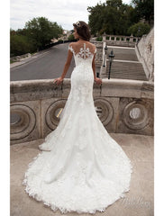 Engagement Open Back Formal Wedding Dresses Mermaid / Trumpet Off Shoulder Cap Sleeve Court Train Lace Bridal Gowns With Appliques  Summer Wedding Party Women's Clothing