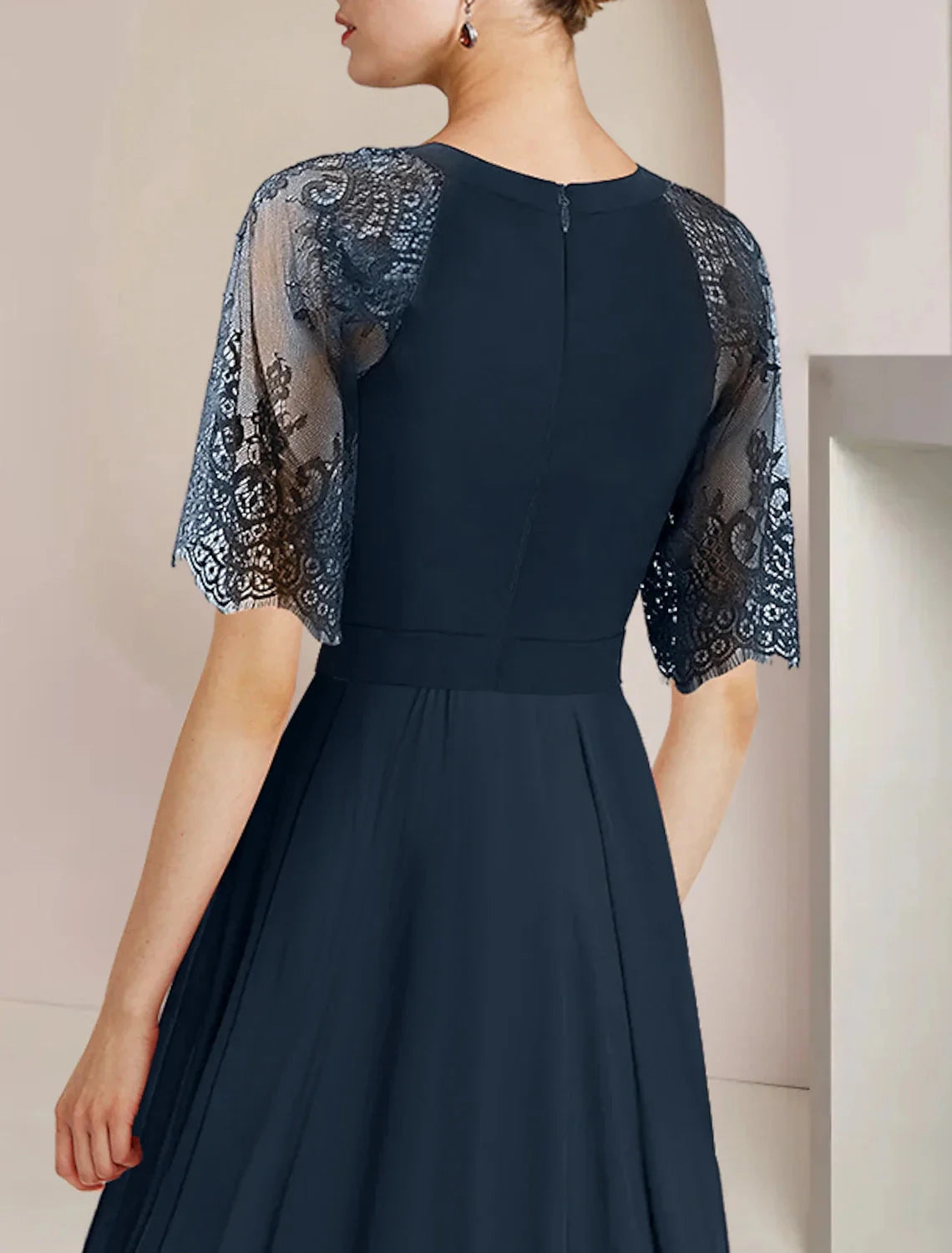 A-Line Mother of the Bride Dress Formal Wedding Guest Party Elegant High Low Scoop Neck Tea Length Chiffon Lace 3/4 Length Sleeve with Pleats Crystal Brooch by YiHuiw