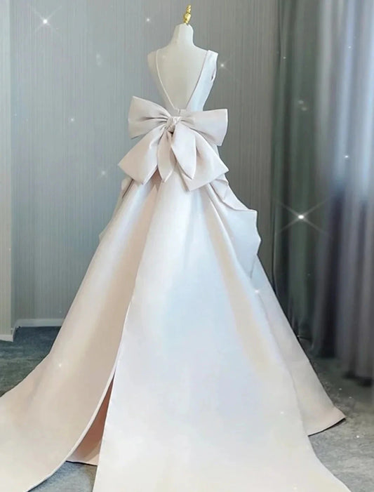 Reception Casual Wedding Dresses A-Line V Neck Sleeveless Court Train Satin Bridal Gowns With Bow(s) Pleats Summer Wedding Party Women's Clothing by YiHuiw