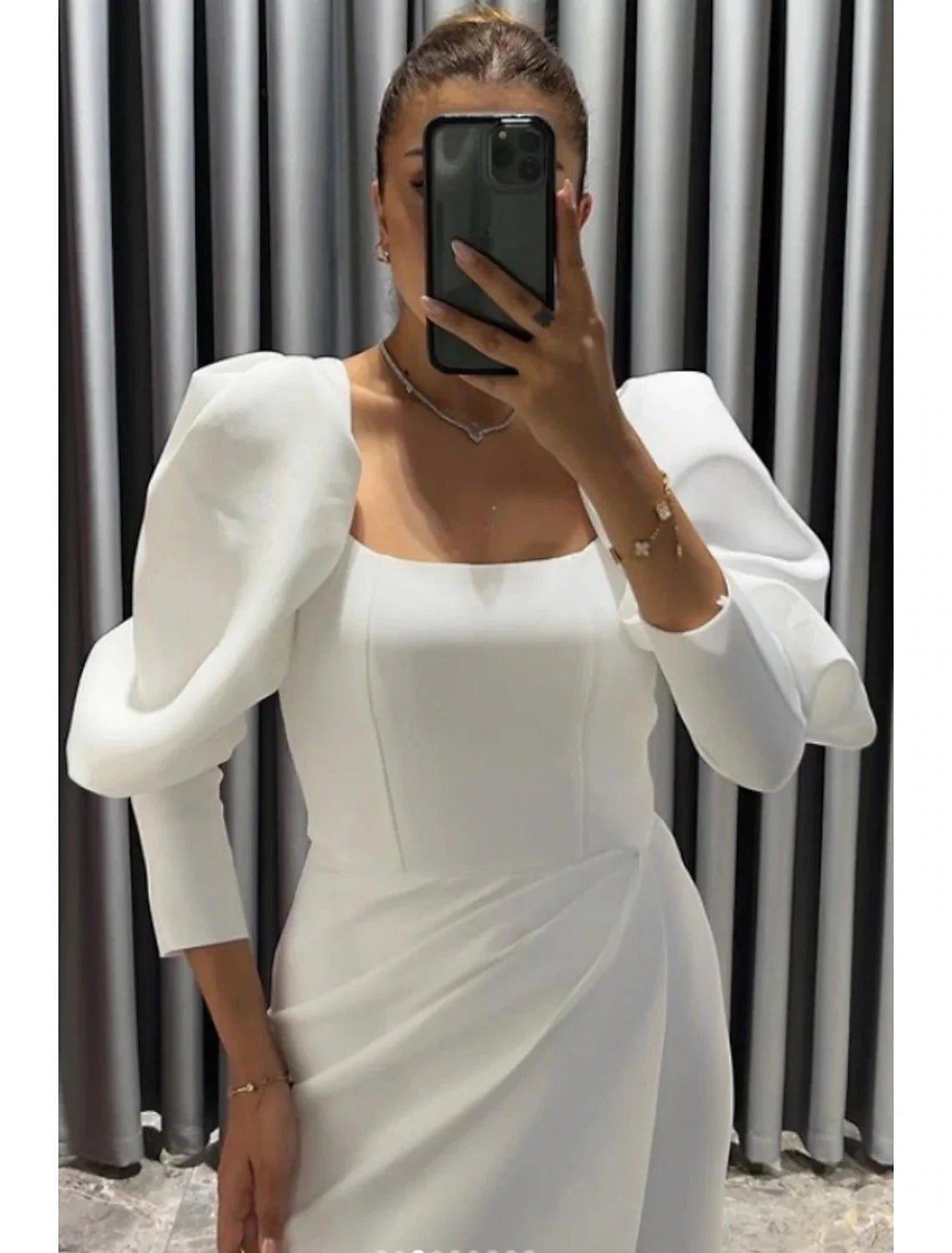 Sheath / Column Evening Gown Elegant Dress Formal Fall Asymmetrical 3/4 Length Sleeve Square Neck Fabric with Ruched Slit by YiHuiw