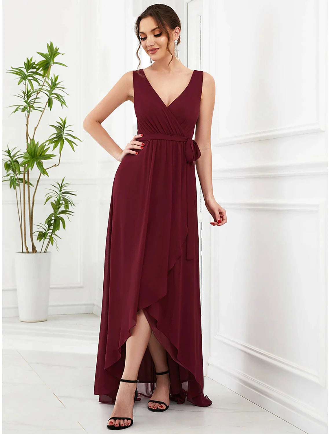 A-Line Wedding Guest Dresses Elegant Dress Party Wear Asymmetrical Sleeveless V Neck Chiffon with Ruffles Strappy by YiHuiw