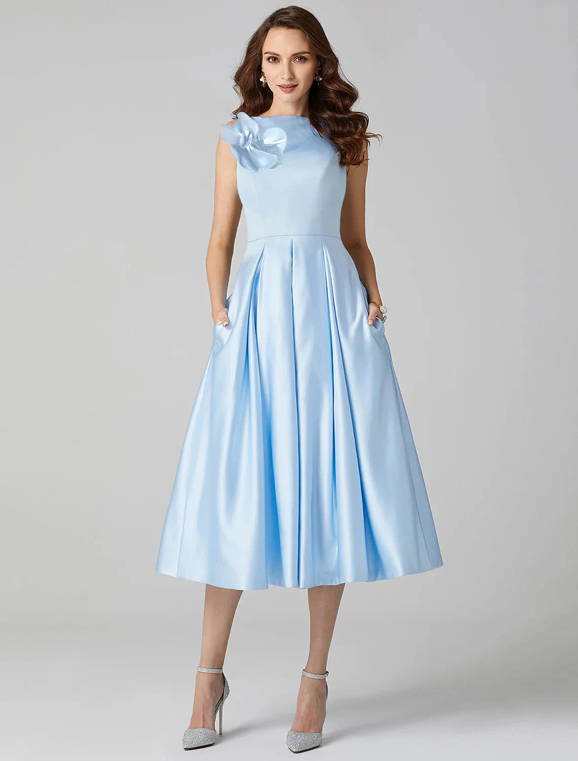 A-Line Cocktail Dresses Party Dress Formal Wedding Guest Tea Length Sleeveless Jewel Neck Pocket Satin with Pleats Shouder Flower by YiHuiw