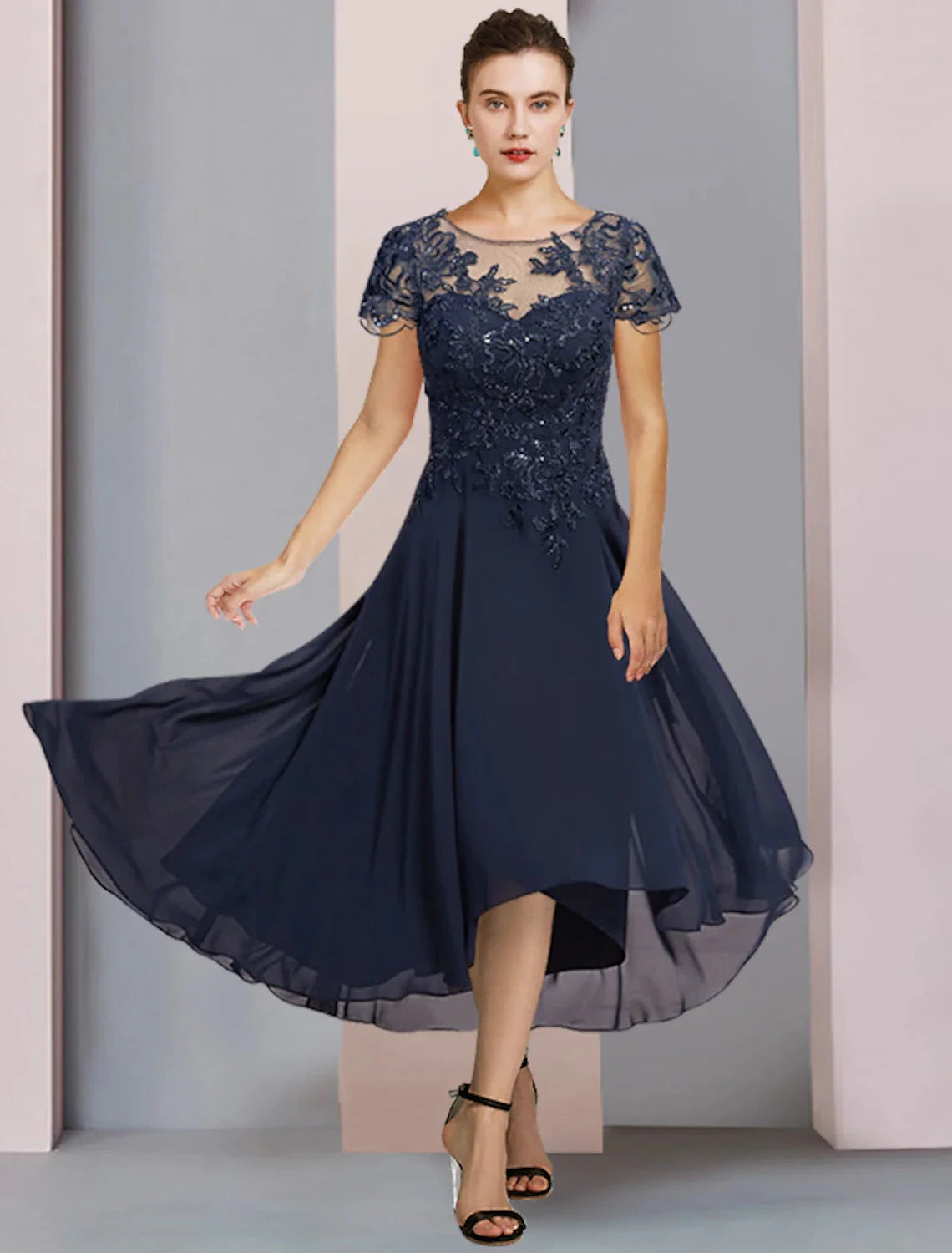 A-Line Mother of the Bride Dress Formal Wedding Guest Elegant Scoop Neck Jewel Neck Tea Length Chiffon Lace Short Sleeve with Pleats Sequin Appliques by YiHuiw