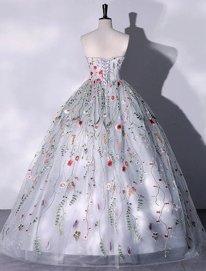 Ball Gown Evening Gown Elegant Dress Quinceanera Birthday Floor Length Sleeveless Strapless Lace with Slit Embroidery Appliques by YiHuiw