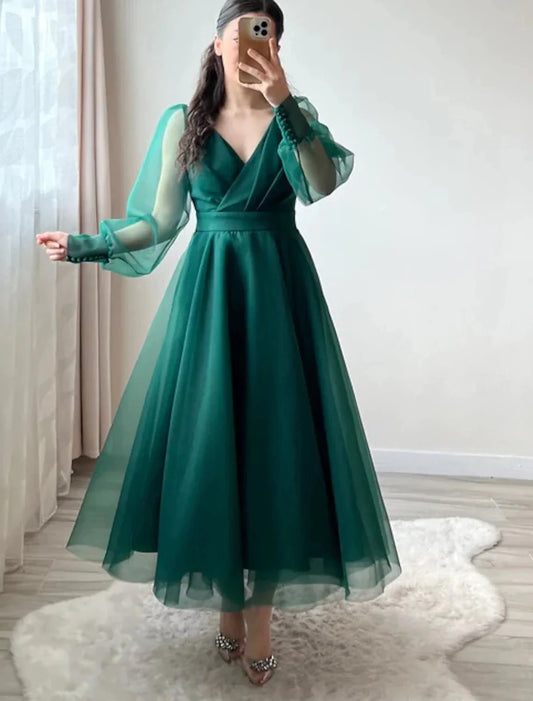 A-Line Cocktail Dresses Minimalist Dress Christmas Wedding Guest Tea Length Long Sleeve V Neck Organza with Buttons Pure Color by YiHuiw