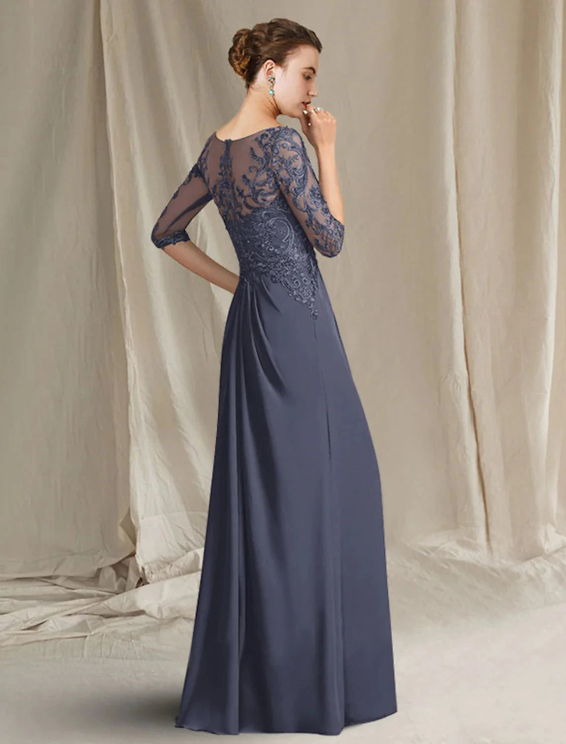 Sheath / Column Mother of the Bride Dress Plus Size Elegant Jewel Neck Floor Length Chiffon Lace 3/4 Length Sleeve with Pleats Ruffles Appliques by YiHuiw
