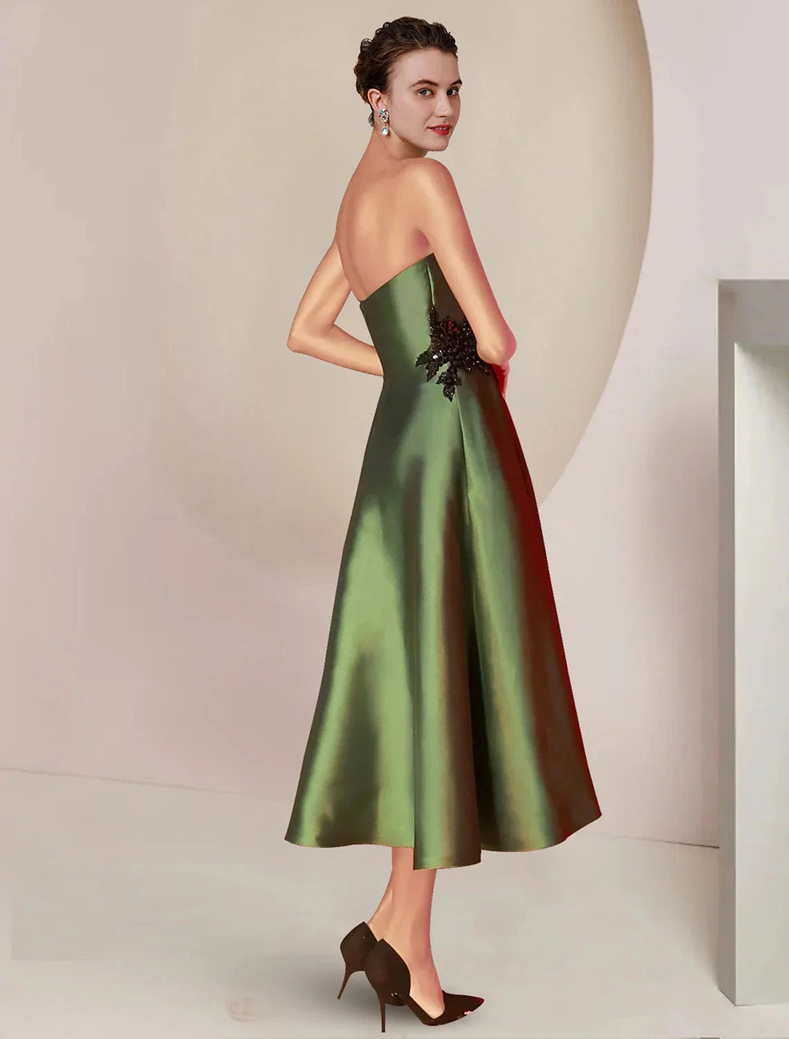 Two Piece A-Line Mother of the Bride Dress Formal Wedding Guest Party Elegant Strapless Tea Length Charmeuse Sequined Sleeveless Shawls with Beading Appliques by YiHuiw