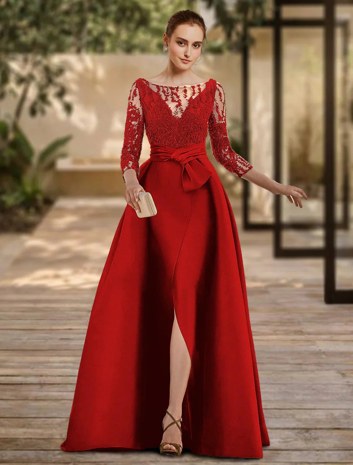 A-Line Evening Gown Open Back Dress Formal Wedding Guest Floor Length 3/4 Length Sleeve Scoop Neck Lace with Slit Strappy by YiHuiw