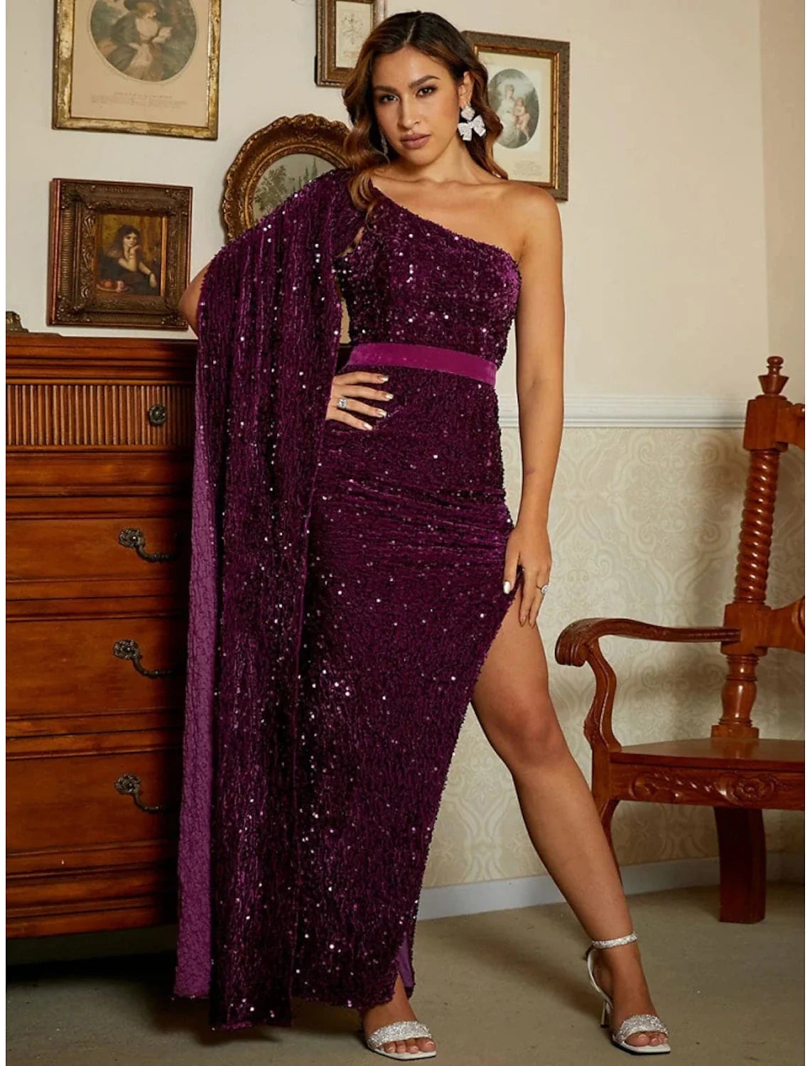 Mermaid / Trumpet Evening Gown Black Elegant Dress Formal Ankle Length Sleeveless One Shoulder Sequined with Glitter Slit by YiHuiw
