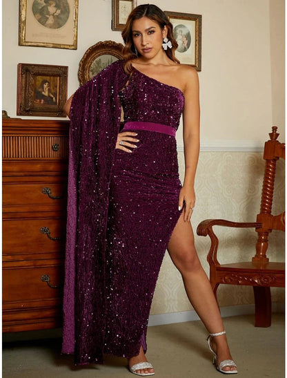 Mermaid / Trumpet Evening Gown Black Elegant Dress Formal Ankle Length Sleeveless One Shoulder Sequined with Glitter Slit by YiHuiw