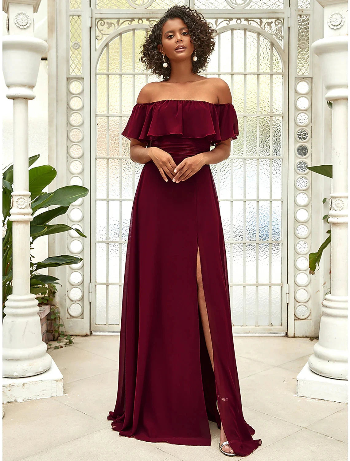 A-Line Bridesmaid Dress Off Shoulder Sleeveless Elegant Floor Length Chiffon with Ruffles / Draping / Solid Color by YiHuiw