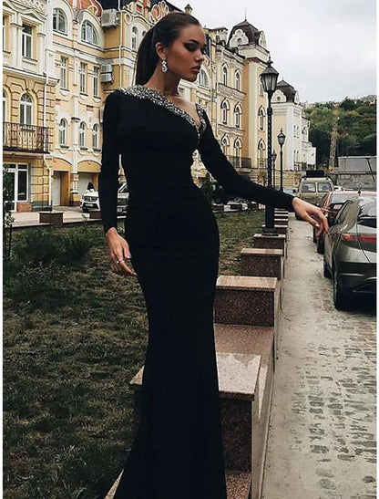Mermaid / Trumpet Evening Gown Open Back Dress Wedding Guest Engagement Floor Length Long Sleeve V Neck Fabric with Crystals Beading by YiHuiw