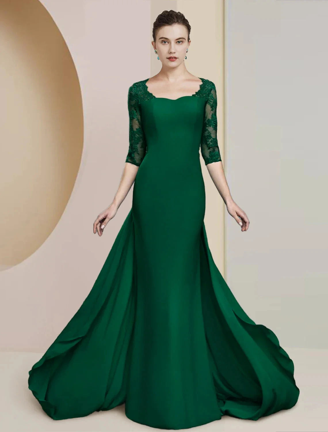 Sheath / Column Mother of the Bride Dress Formal Wedding Guest Elegant Scoop Neck Floor Length Chiffon Lace Half Sleeve with Appliques by YiHuiw
