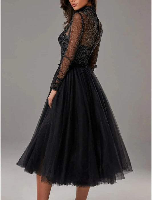 A-Line Cocktail Black Dress Vintage Dress Homecoming Cocktail Party Knee Length Long Sleeve High Neck Wednesday Addams Family Tulle with Pleats Pure Color by YiHuiw