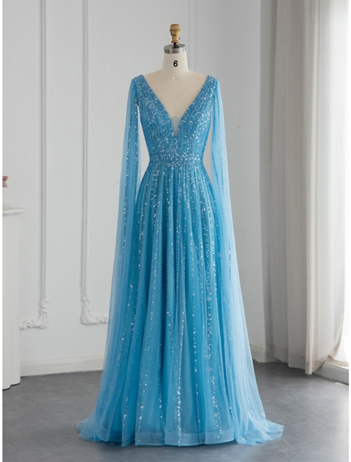 A-Line Evening Gown Sparkle & Shine Dress Formal Fall Sweep / Brush Train Long Sleeve V Neck Sequined with Glitter Pleats by YiHuiw