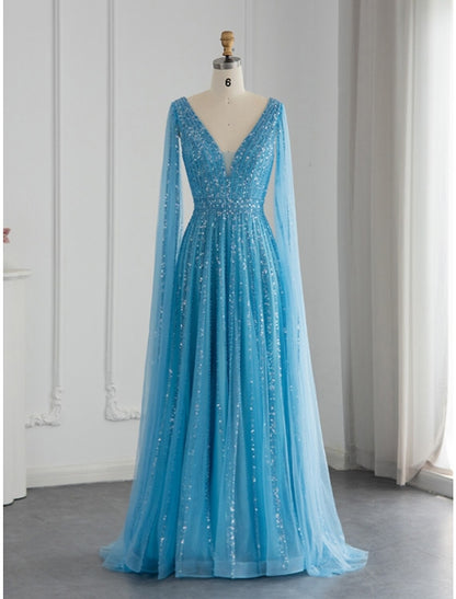 A-Line Evening Gown Sparkle & Shine Dress Formal Fall Sweep / Brush Train Long Sleeve V Neck Sequined with Glitter Pleats by YiHuiw