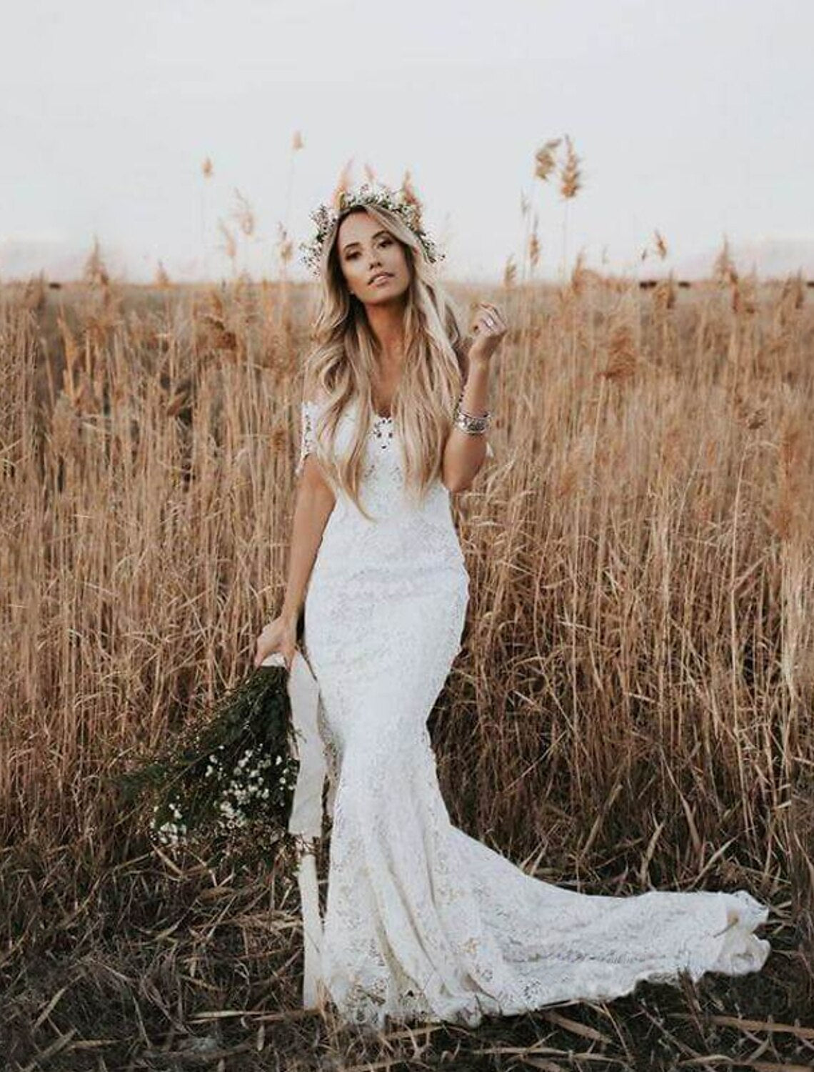 Beach Boho Wedding Dresses Mermaid / Trumpet Off Shoulder Cap Sleeve Chapel Train Lace Bridal Gowns With Appliques Solid Color Summer Wedding Party by YiHuiw