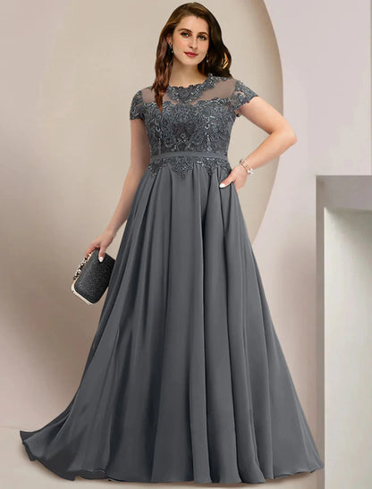 Mother of the Bride Dresses Plus Size Curve Hide Belly Wedding Guest Party Elegant Jewel Neck Floor Length Chiffon Lace Short Sleeve with Pleats Sequin by YiHuiw