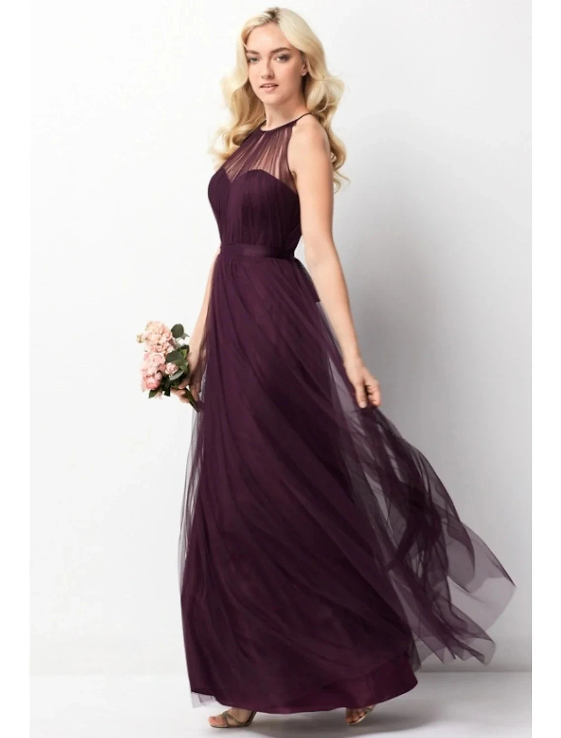 A-Line Bridesmaid Dress Halter Neck Sleeveless Elegant Floor Length Chiffon / Tulle with by YiHuiw