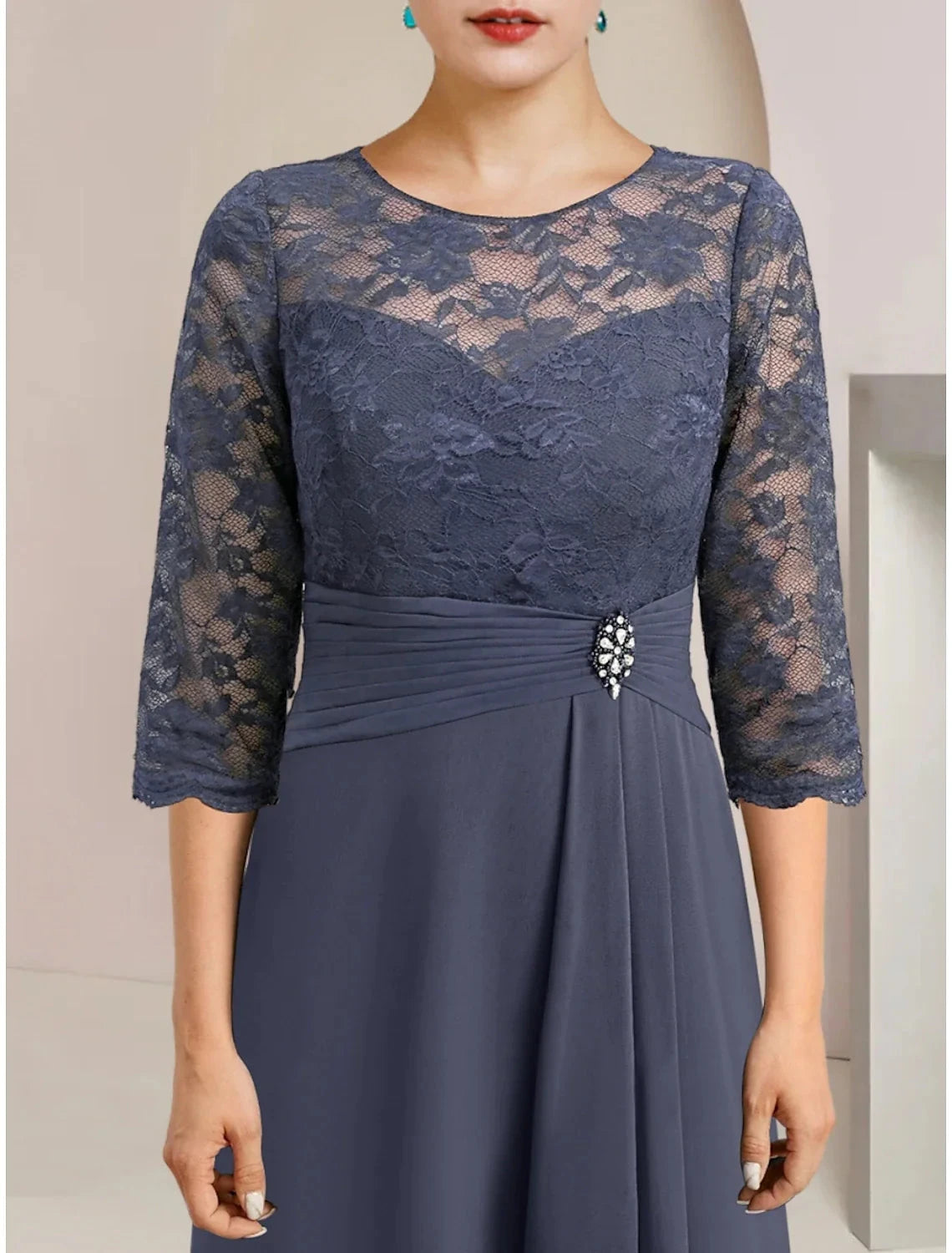 A-Line Mother of the Bride Dress Wedding Guest Elegant Jewel Neck Asymmetrical Chiffon Half Sleeve with Lace Crystal Brooch Ruching by YiHuiw