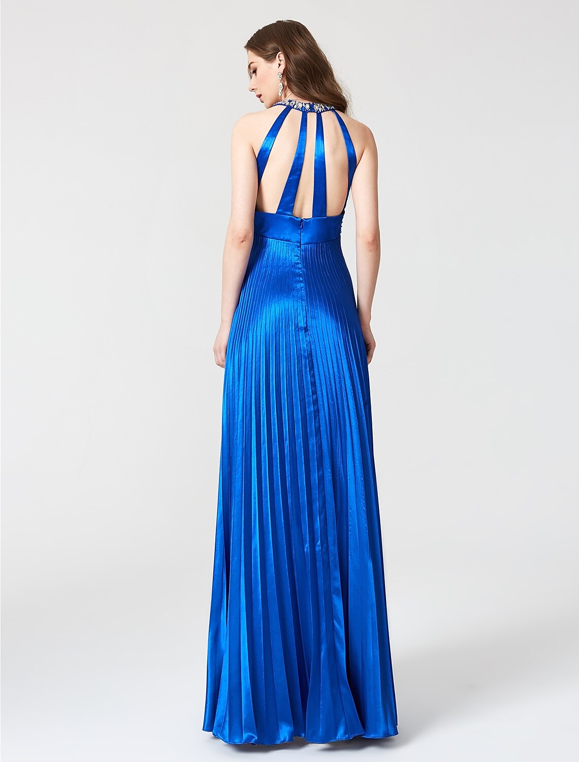 A-Line Beautiful Back Dress Holiday Cocktail Party Floor Length Sleeveless Jewel Neck Satin with Pleats Beading by YiHuiw