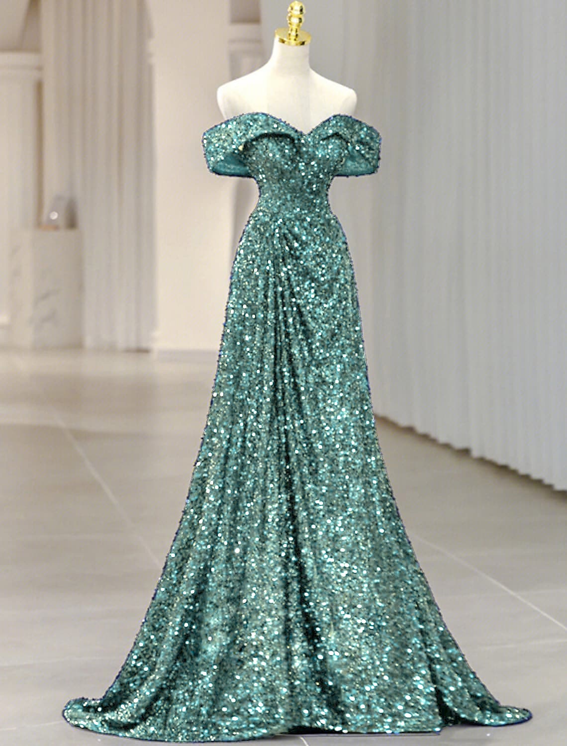A-Line Evening Gown Sparkle & Shine Dress Formal Wedding Party Sweep / Brush Train Sleeveless Off Shoulder Sequined with Glitter Sequin by YiHuiw
