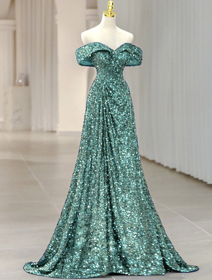 A-Line Evening Gown Sparkle & Shine Dress Formal Wedding Party Sweep / Brush Train Sleeveless Off Shoulder Sequined with Glitter Sequin by YiHuiw