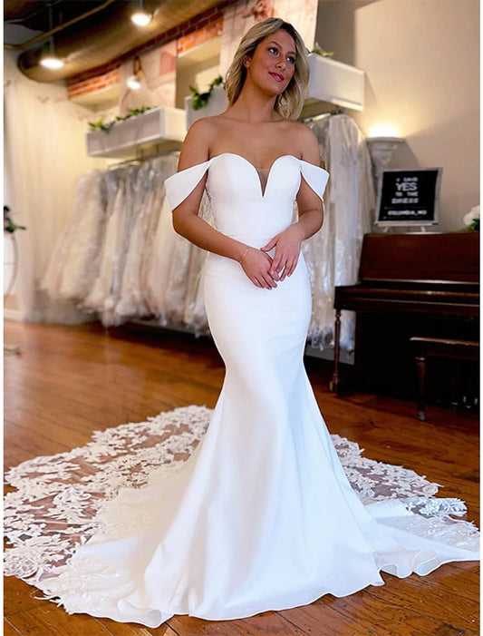 Formal Wedding Dresses Mermaid / Trumpet Off Shoulder Sleeveless Chapel Train Fabric Bridal Gowns With Appliques Summer Wedding Party Women's Clothing by YiHuiw