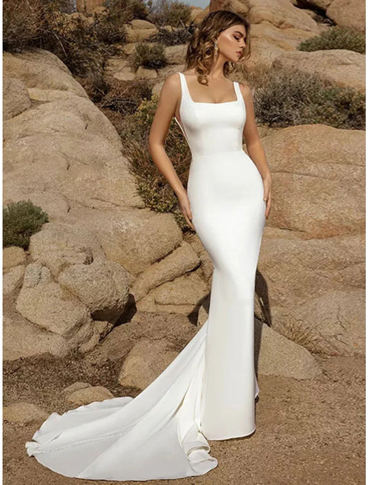 Beach Open Back Casual Wedding Dresses Mermaid / Trumpet Square Neck Sleeveless Court Train  Fabric Bridal Gowns With Buttons Solid Color
