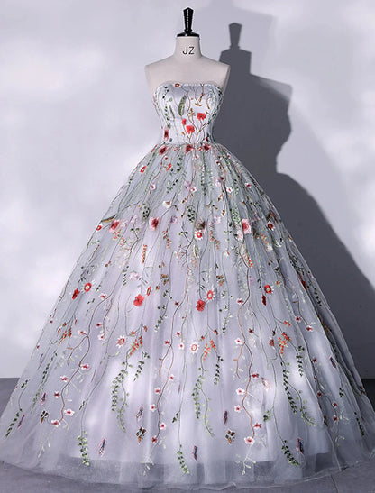 Ball Gown Evening Gown Elegant Dress Quinceanera Birthday Floor Length Sleeveless Strapless Lace with Slit Embroidery Appliques by YiHuiw
