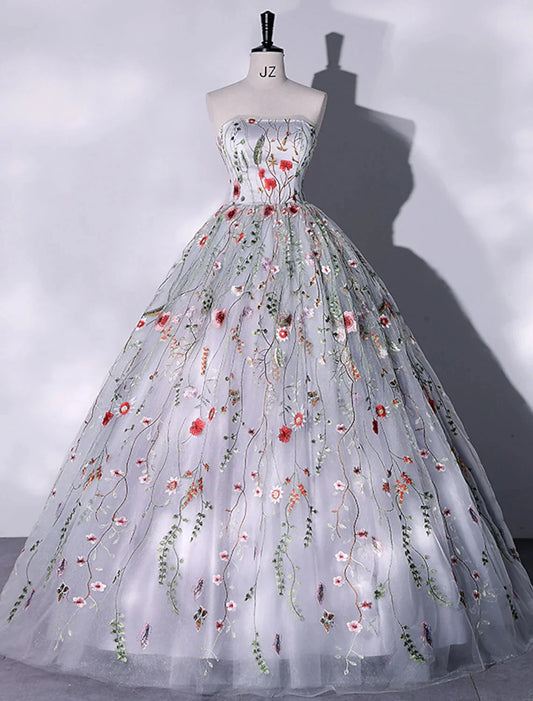 Ball Gown Evening Gown Elegant Dress Quinceanera Birthday Floor Length Sleeveless Strapless Lace with Slit Embroidery Appliques by YiHuiw