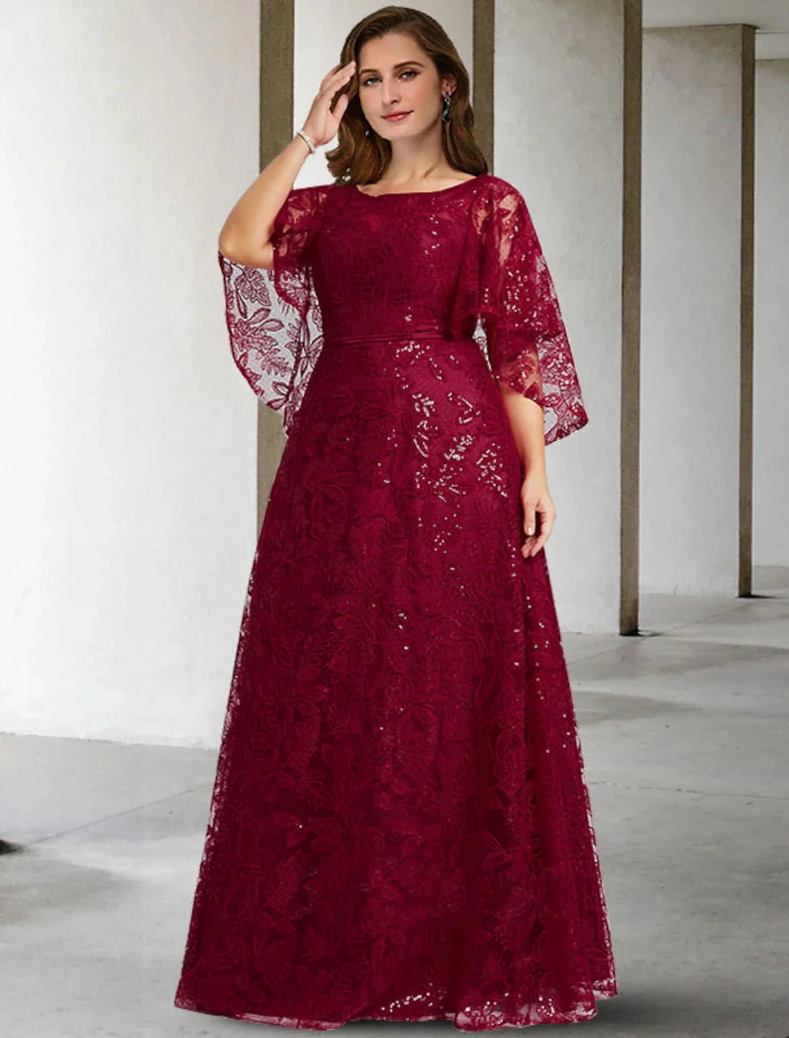 A-Line Mother of the Bride Dress Plus Size Hide Belly Elegant Jewel Neck Floor Length Lace Half Sleeve No with Sequin Appliques by YiHuiw