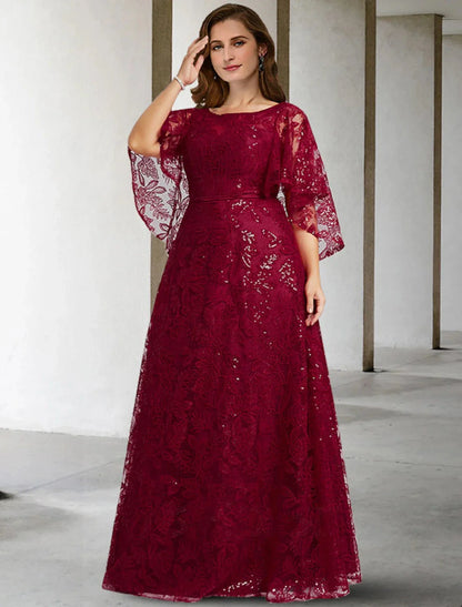 A-Line Mother of the Bride Dress Plus Size Hide Belly Elegant Jewel Neck Floor Length Lace Half Sleeve No with Sequin Appliques by YiHuiw
