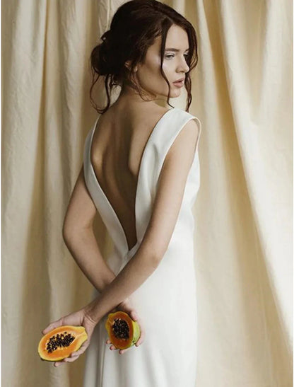 Reception Open Back Casual Wedding Dresses Sheath / Column Scoop Neck Sleeveless Sweep / Brush Train Satin Bridal Gowns With Solid Color Summer Fall Wedding Party Women's Clothing by YiHuiw