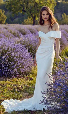 Mermaid Off-Shoulder Satin Train Wedding Dress - Yihuiw by Yihuiw