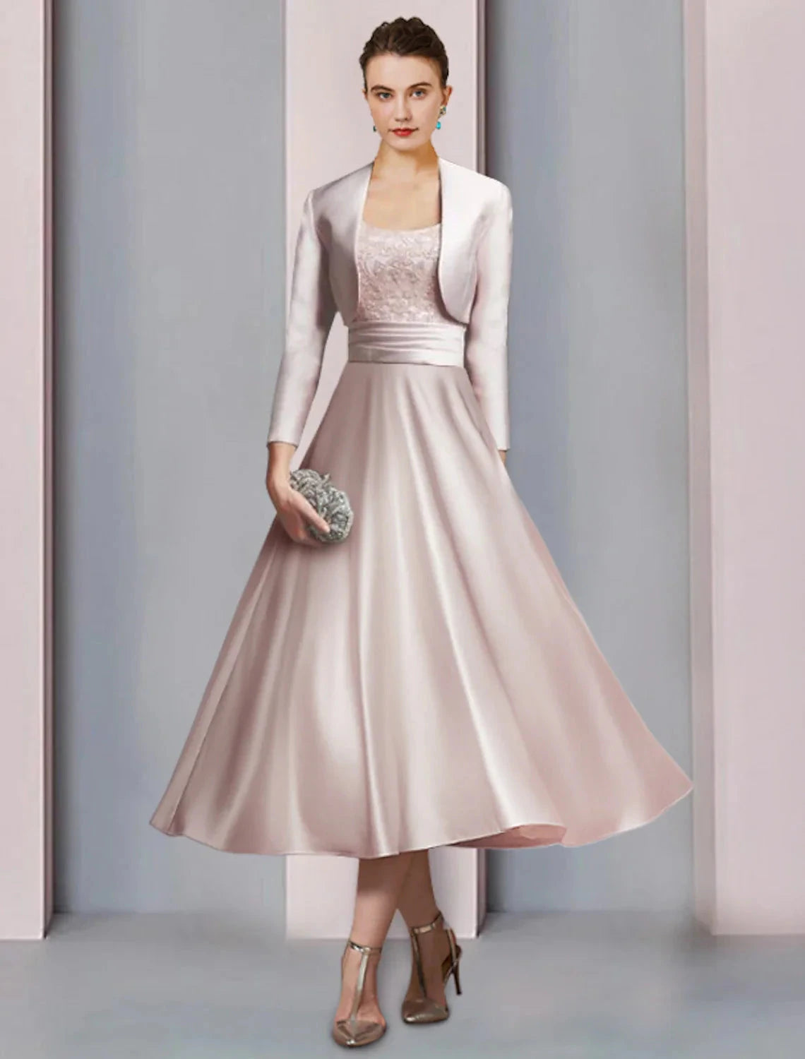Two Piece A-Line Mother of the Bride Dress Formal Church Party Elegant Scoop Neck Tea Length Satin Lace Half Sleeve with Appliques Ruching by YiHuiw