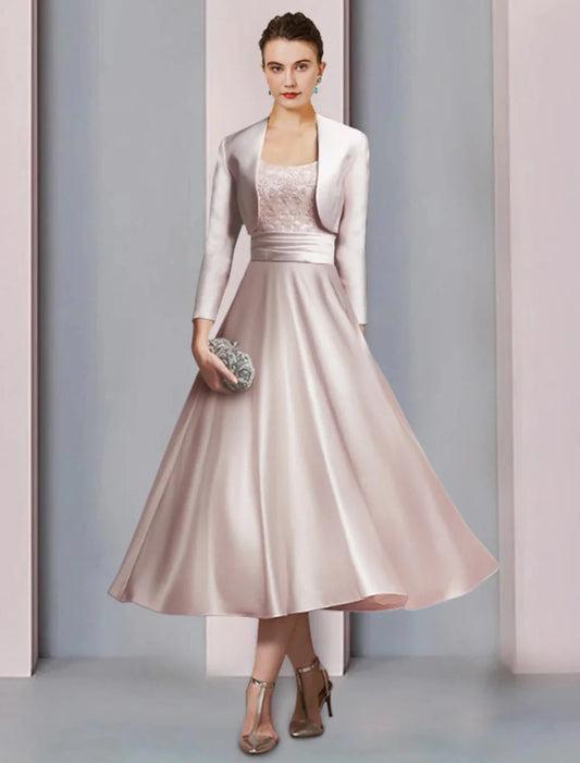 Two Piece A-Line Mother of the Bride Dress Formal Church Party Elegant Scoop Neck Tea Length Satin Lace Half Sleeve with Appliques Ruching by YiHuiw