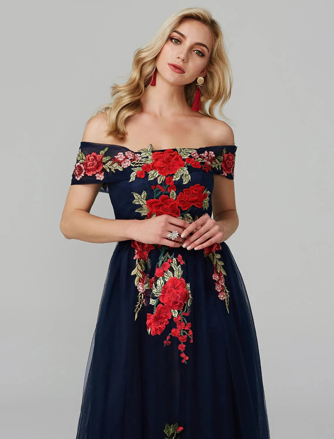 A-Line Prom Dresses Floral Dress Wedding Guest Prom Floor Length Sleeveless Off Shoulder Lace Over Tulle with Embroidery Appliques by YiHuiw