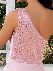 Sheath / Column Evening Gown Sexy Dress Wedding Party Court Train Sleeveless One Shoulder Satin with Pearls Sequin Slit