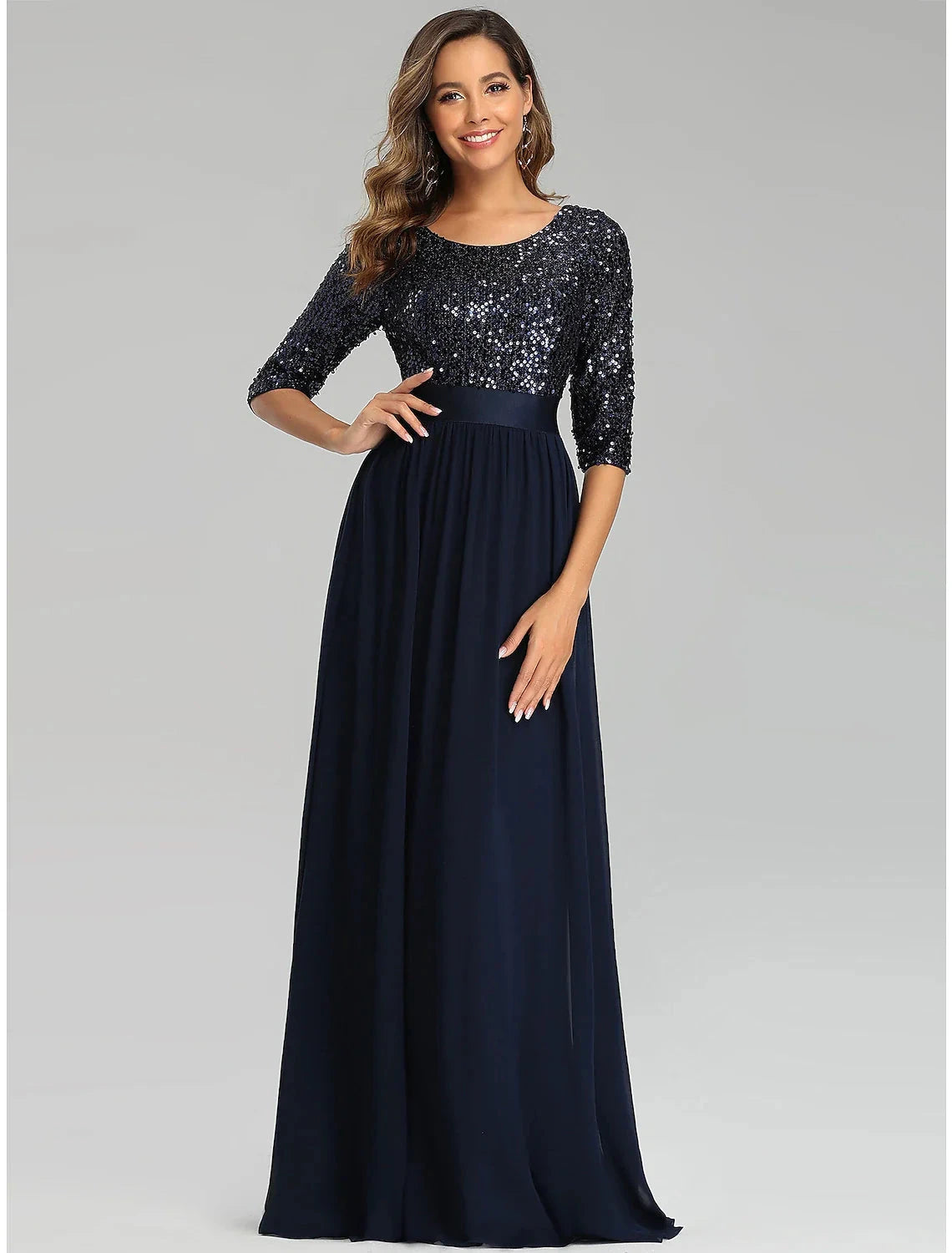 A-Line Elegant Wedding Guest Formal Evening Dress Jewel Neck 3/4 Length Sleeve Floor Length Tulle with Sequin by YiHuiw