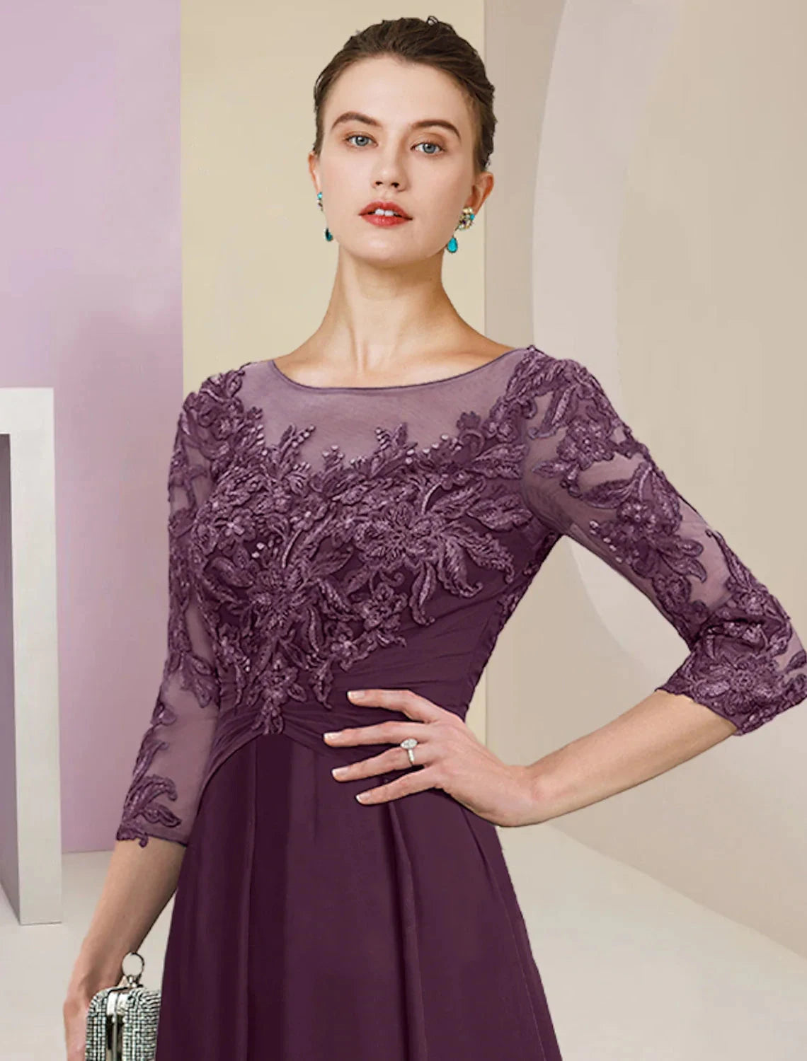 Sheath / Column Mother of the Bride Dress Wedding Guest Simple Elegant Jewel Neck Ankle Length Chiffon Lace 3/4 Length Sleeve with Pleats Sequin by YiHuiw