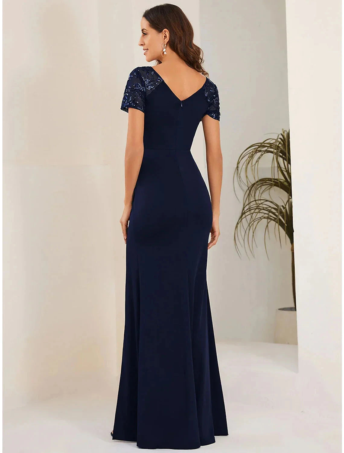 Mermaid / Trumpet Wedding Guest Dresses Elegant Dress Formal Floor Length Short Sleeve V Neck Fabric with Crystals Slit by YiHuiw